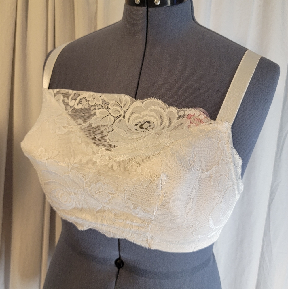 Elegant White Bralette With Lace Overlay- Wire-free